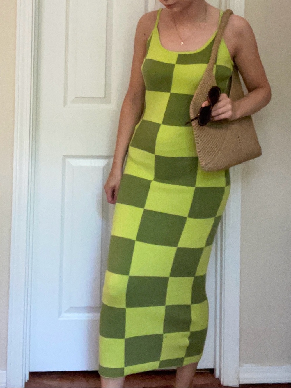 Lime & Olive Check Maxi Dress — Sleek Sleeveless Bodycon